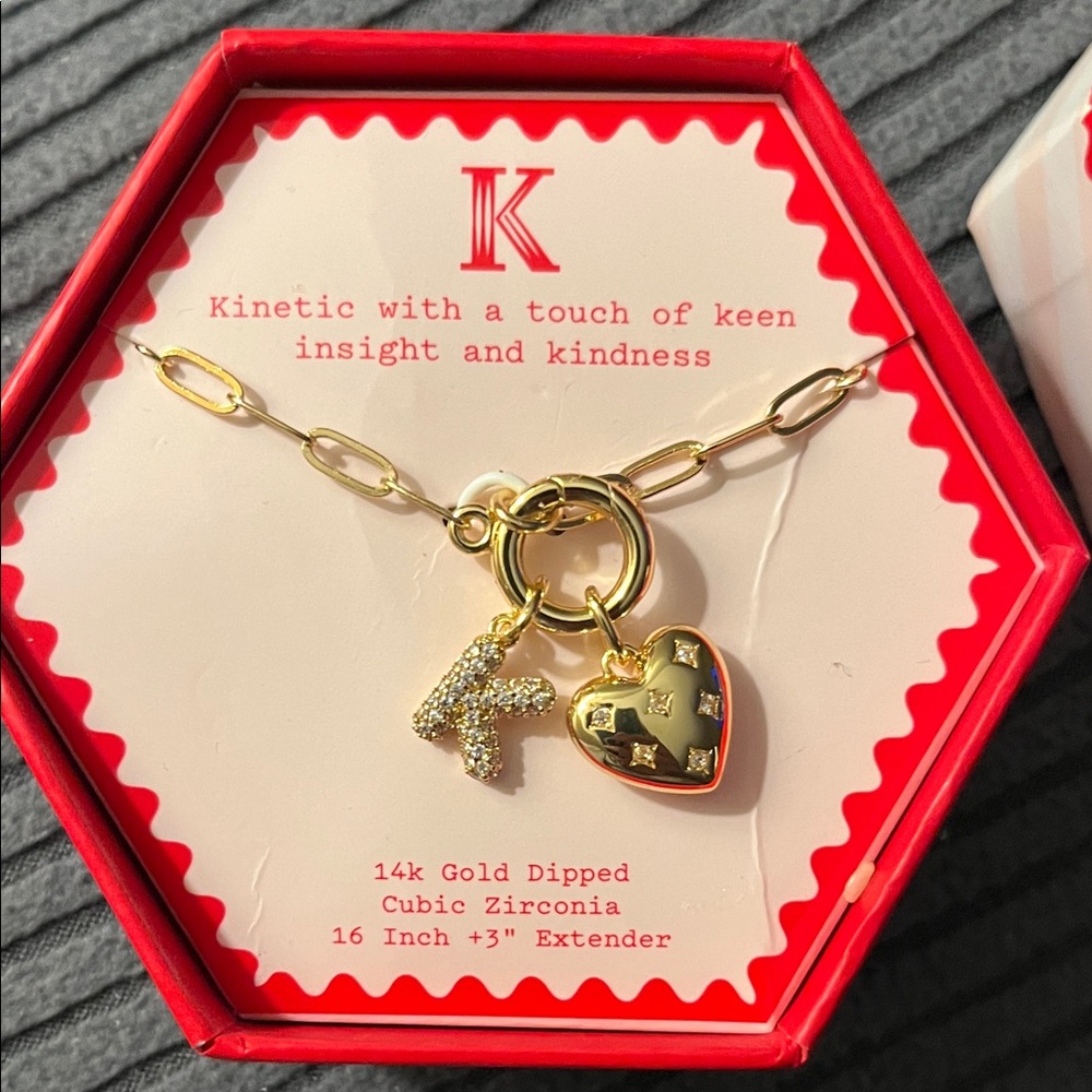 Gold Dipped Initial K Charm Necklace with Heart Charm